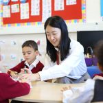 students and a teacher on the table