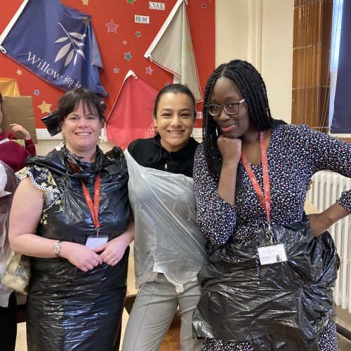teachers wearing clothes made out of binbags