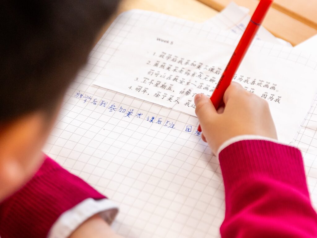 Close-up of a student in a pink sweater writing with a red pencil on graph paper at a wooden desk.
